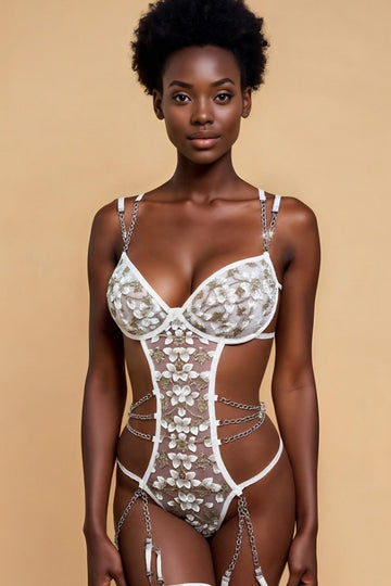 Floral Embroidered Chain Teddy FNEBLIISS.LOVE Bodysuit, Ultra Sexy Lingerie