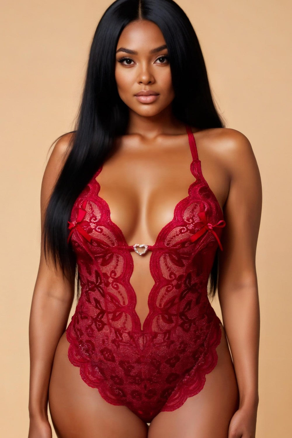 Deep V-Neck Heart-shaped Hook Teddy GYXYYBLIISS.LOVE Bodysuit, Date Night, Plus Size Lingerie