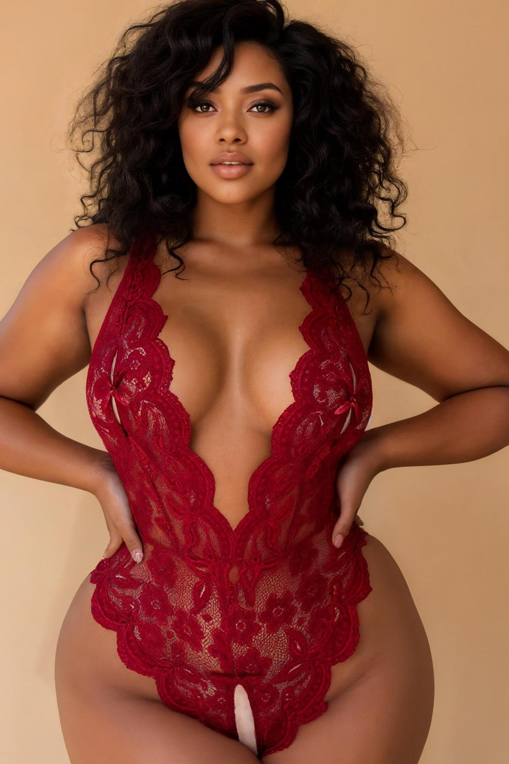 Plus Size Deep V-Neck Lace Bodysuit GYXYYBLIISS.LOVE Bodysuit, Date Night, Open crotch