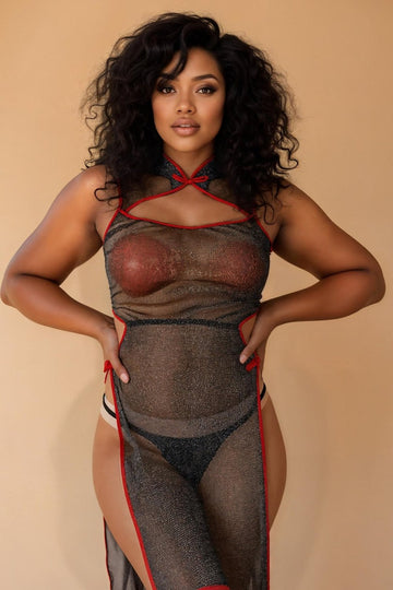 Plus Size Tie-Back Floral Sheer Mesh Slip Set YTNBLIISS.LOVE Buns out, Plus Size Nightwear, slip